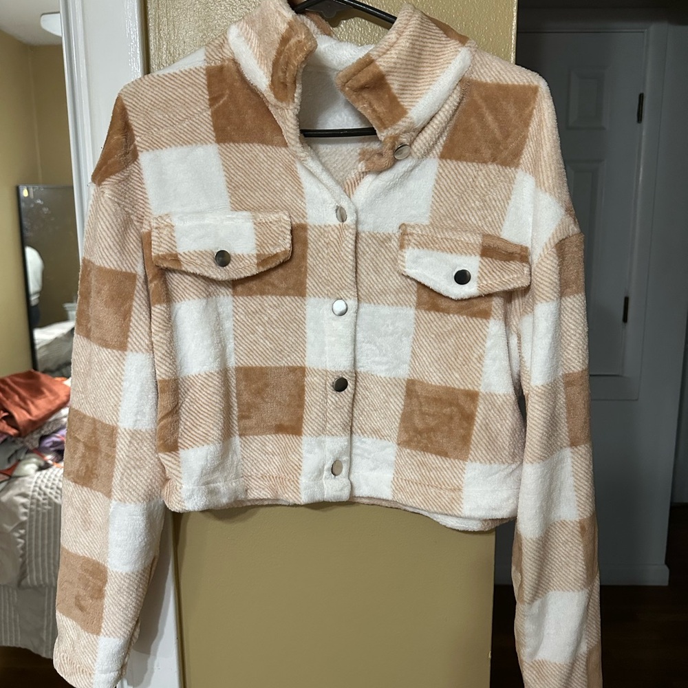 Plaid Tan and White Women's button up